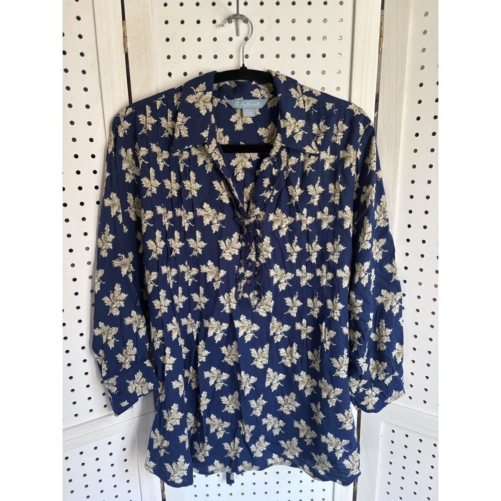April Cornell Women's XL 3/4 SLV 1/2 Button Blouse Navy Beige Floral Tie Back
